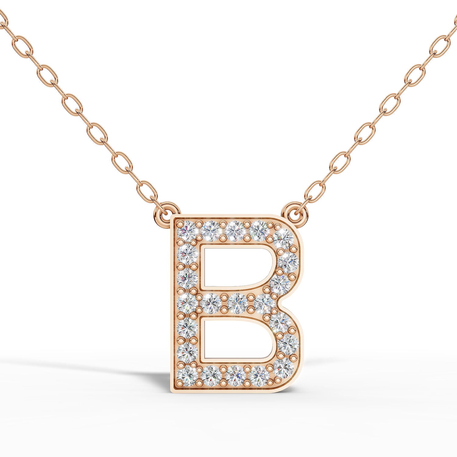 MELEK diamond initial pendant, letter B, in rose gold with pavé diamonds