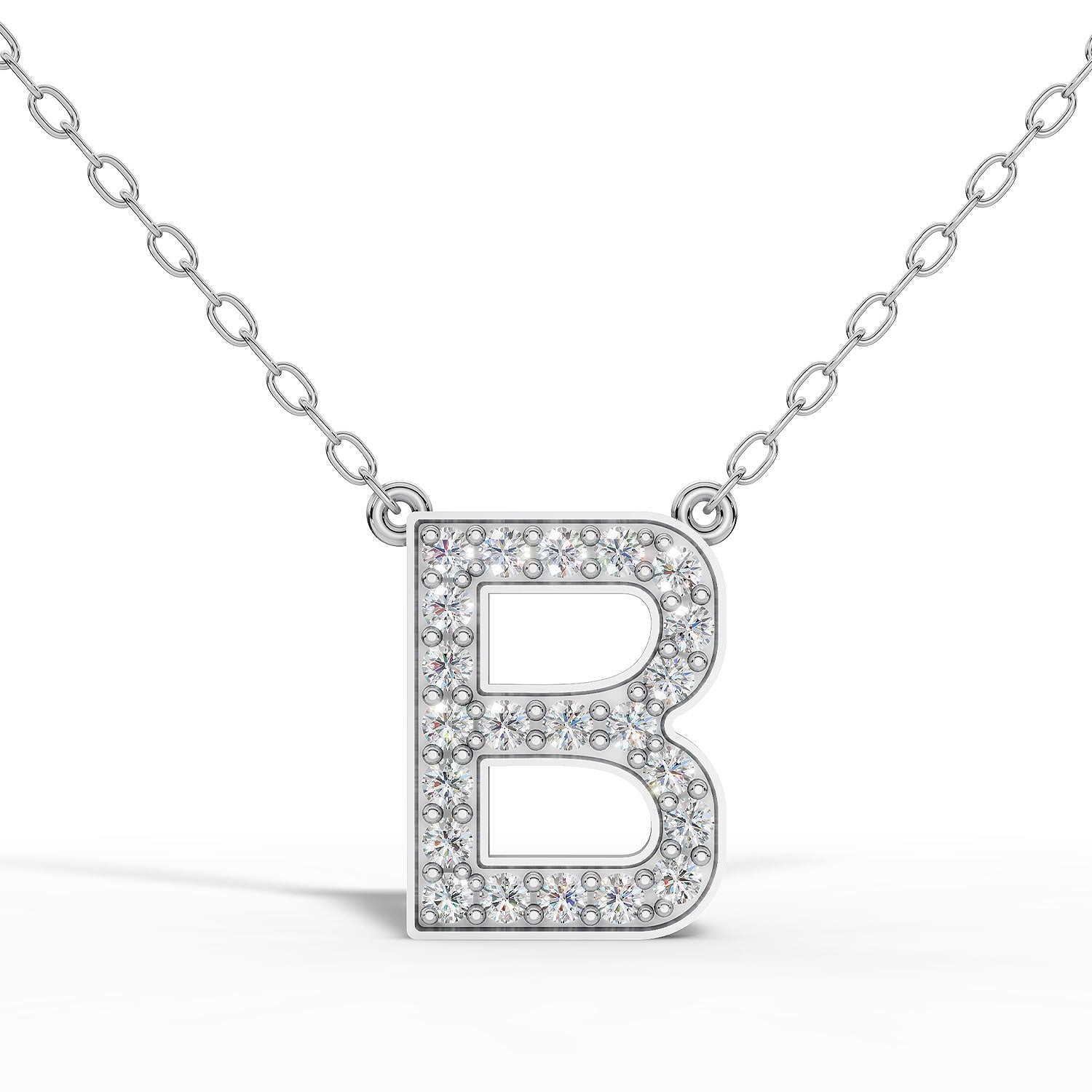 MELEK diamond initial pendant, letter B, in white gold with pavé diamonds