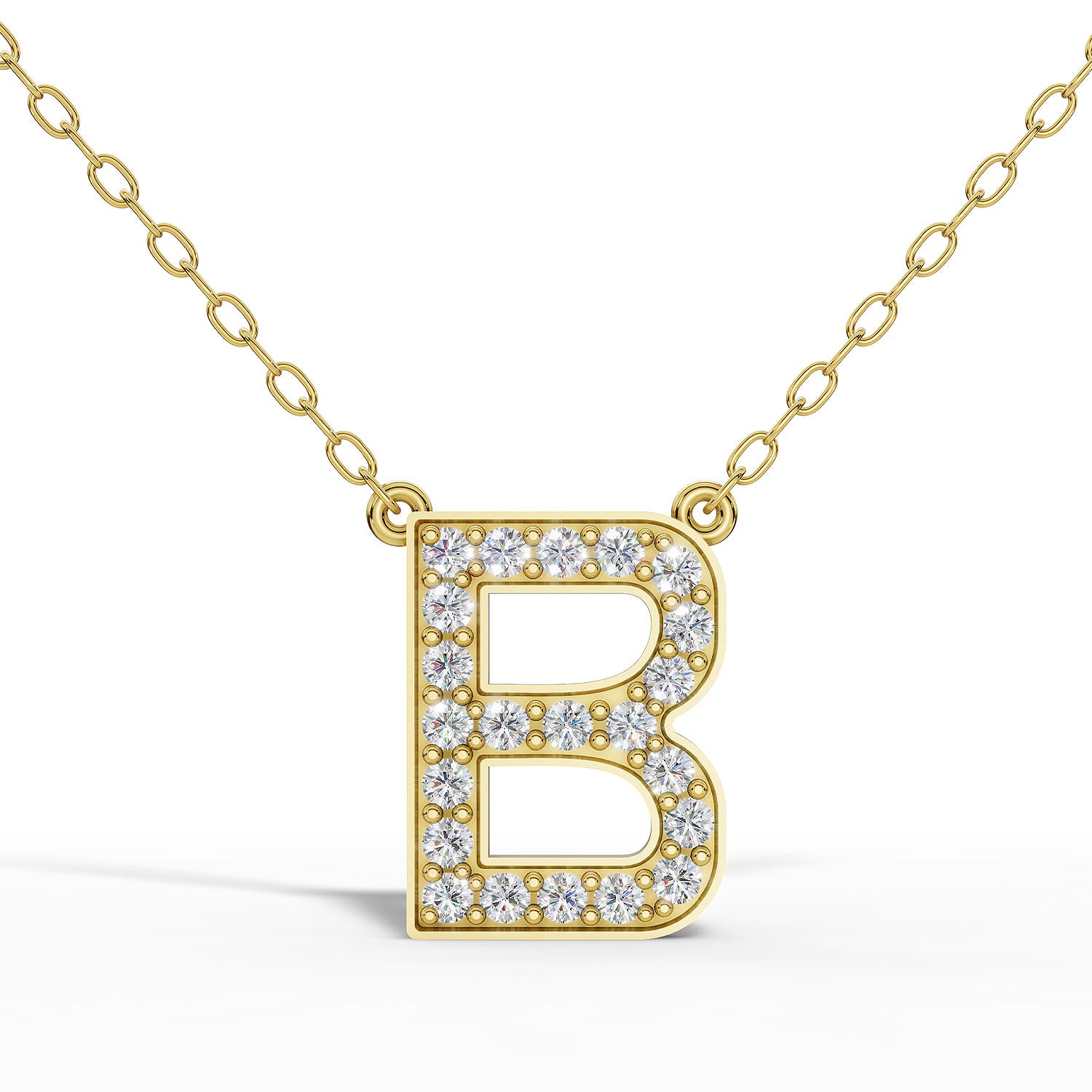 MELEK diamond initial pendant, letter B, in yellow gold with pavé diamonds
