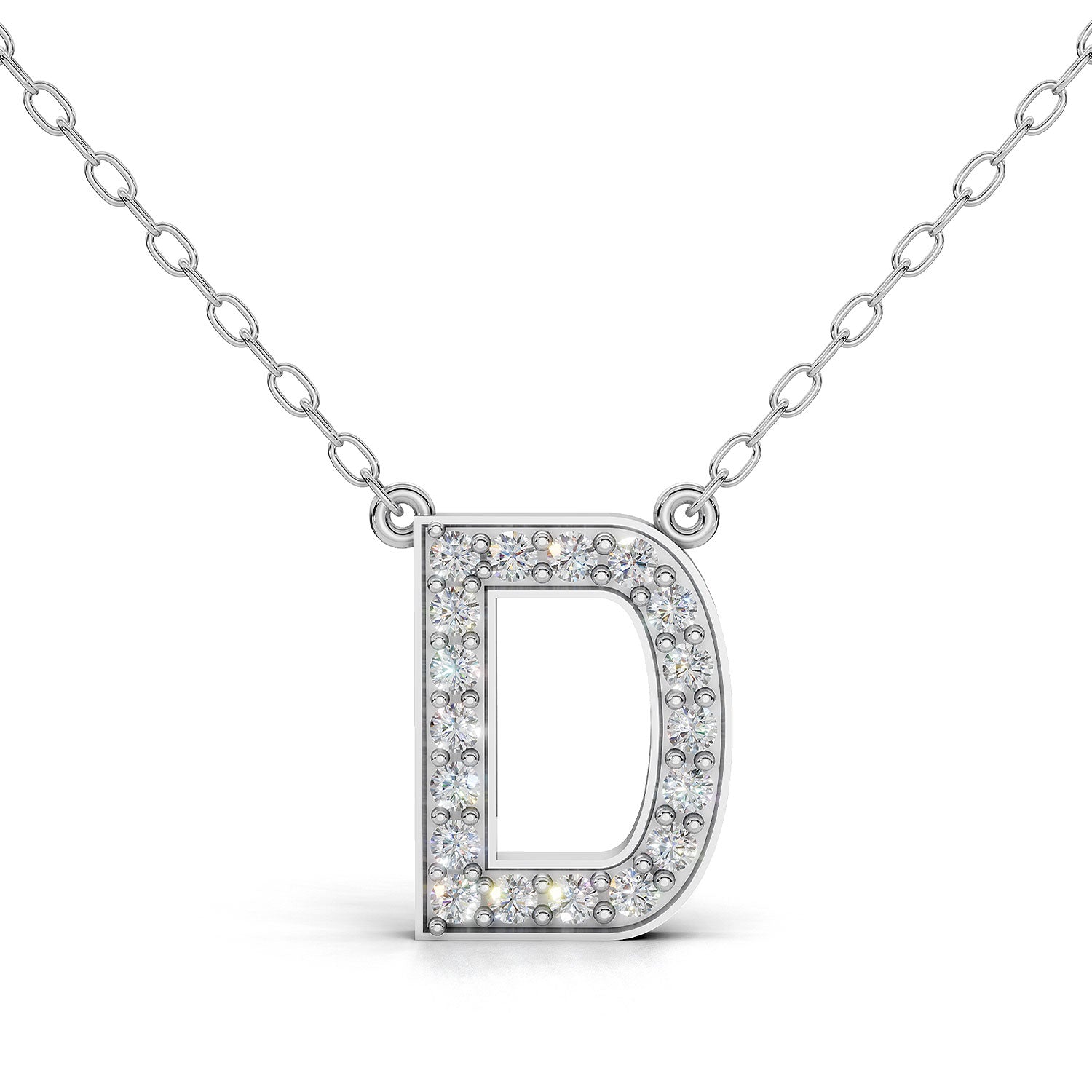 MELEK diamond initial pendant, letter D, in white gold with pavé diamonds