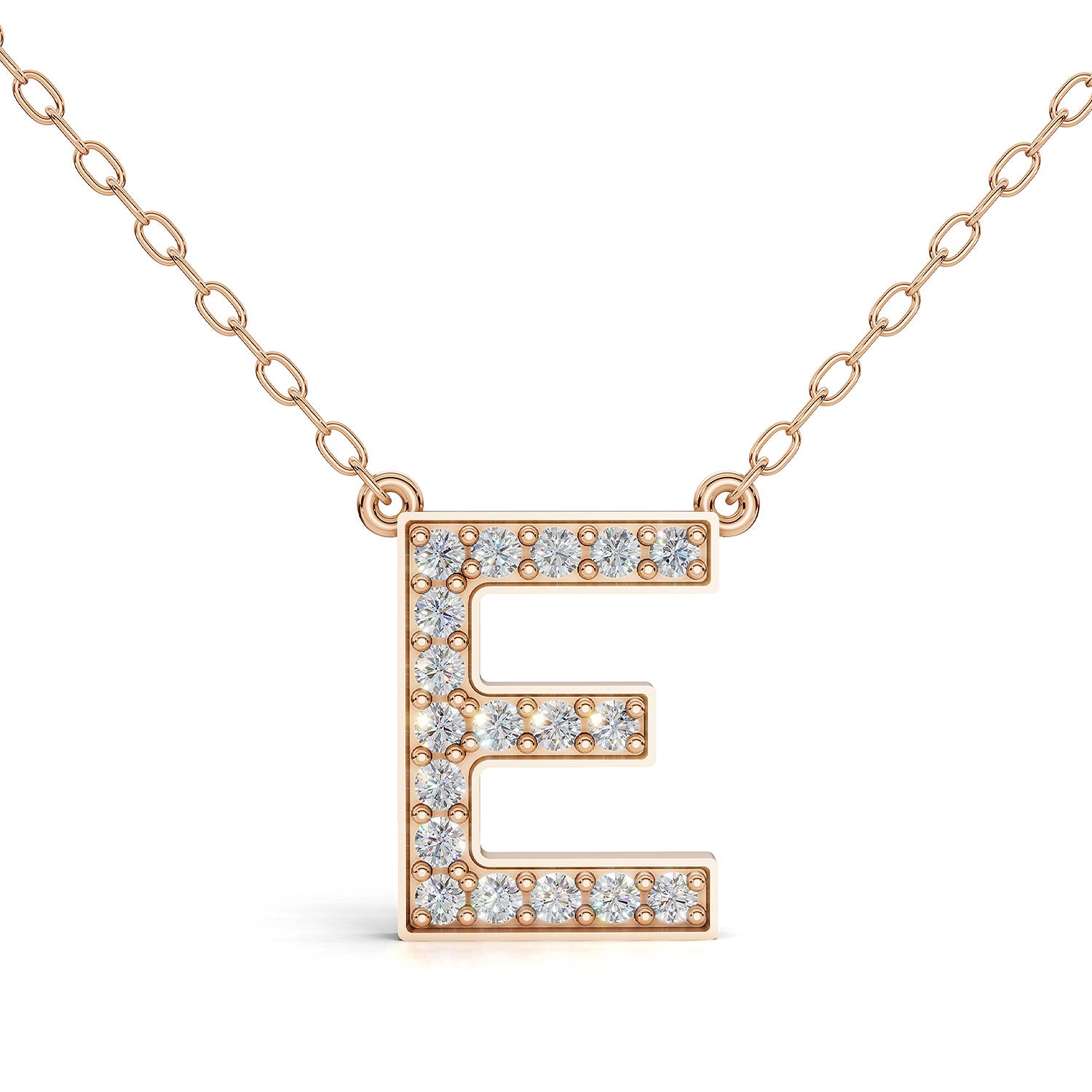 MELEK diamond initial pendant, letter E, in rose gold with pavé diamonds
