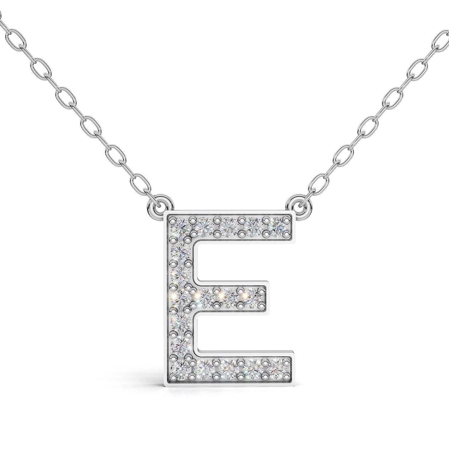 MELEK diamond initial pendant, letter E, in white gold with pavé diamonds