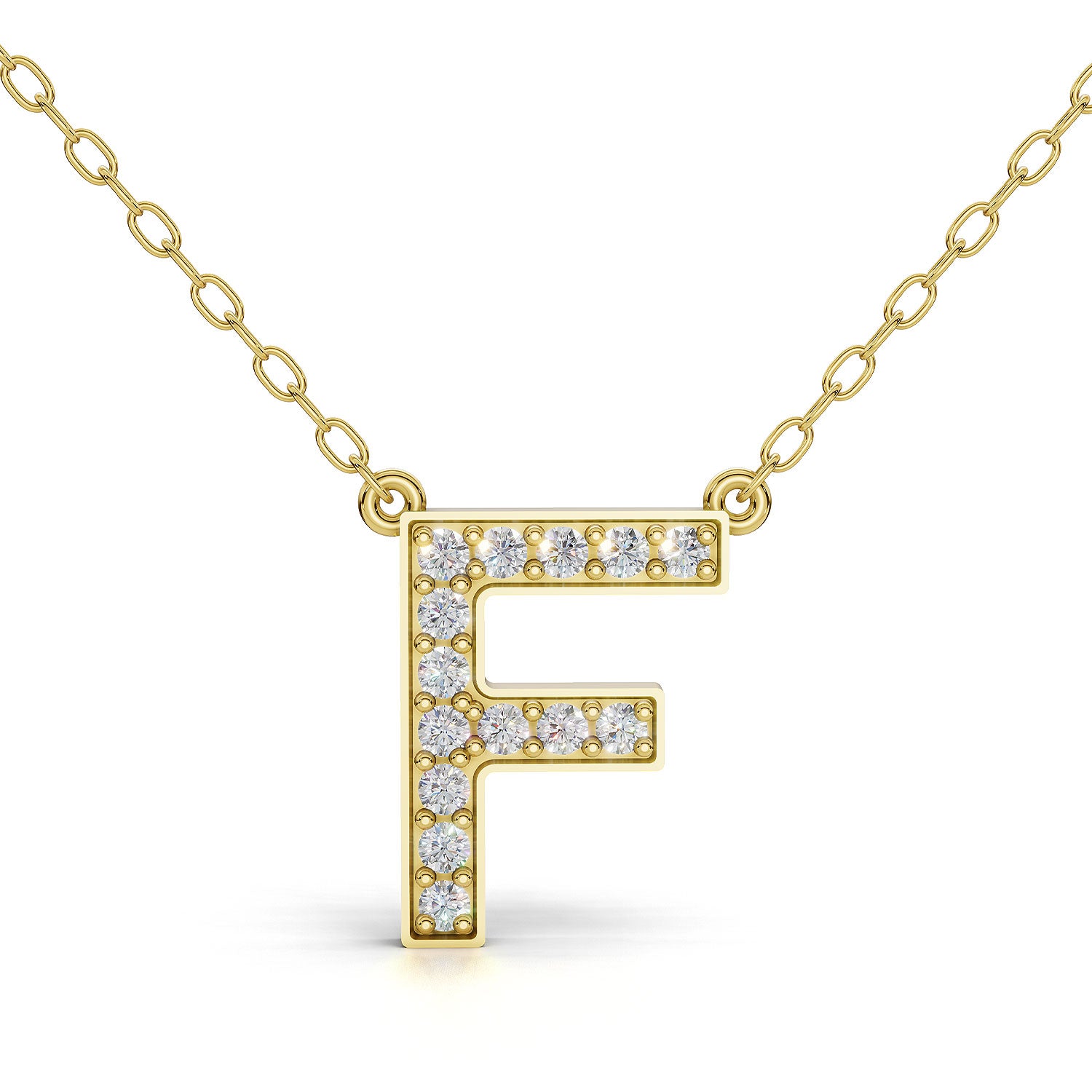 MELEK diamond initial pendant, letter F, in yellow gold with pavé diamonds
