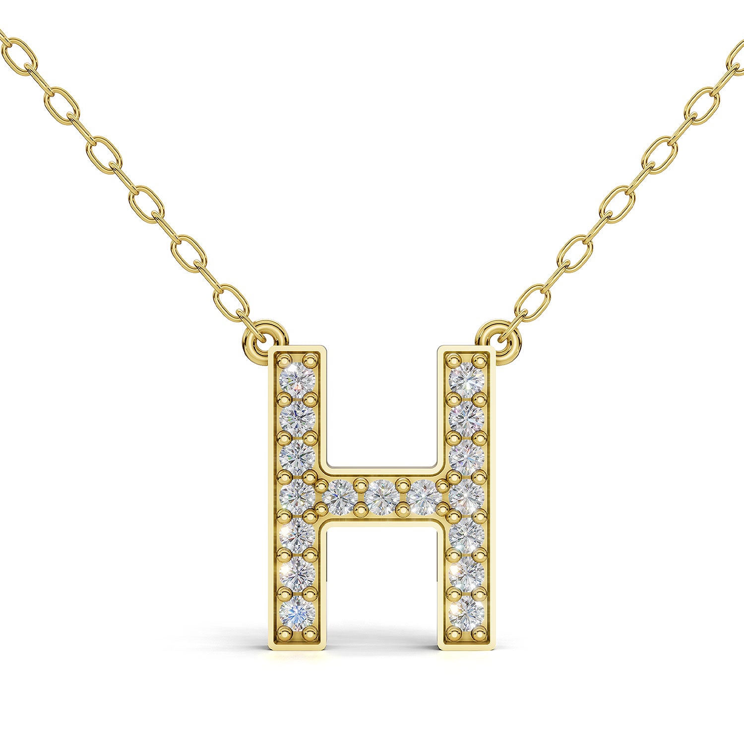 MELEK diamond initial pendant, letter H, in yellow gold with pavé diamonds