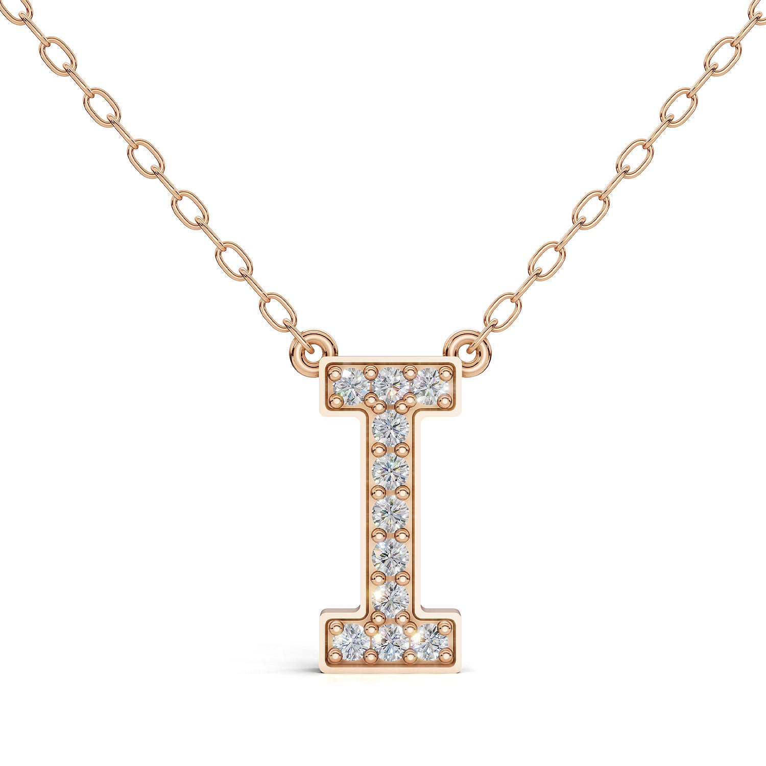 MELEK diamond initial pendant, letter I, in rose gold with pavé diamonds