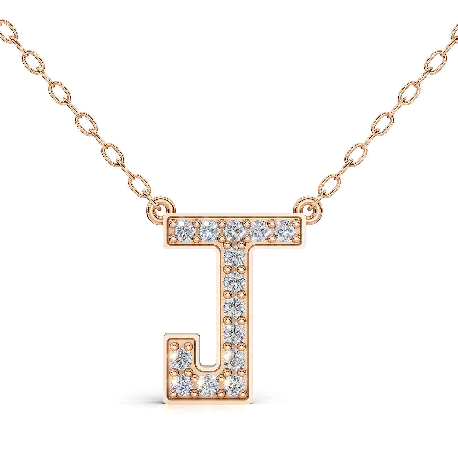 MELEK diamond initial pendant, letter J, in rose gold with pavé diamonds
