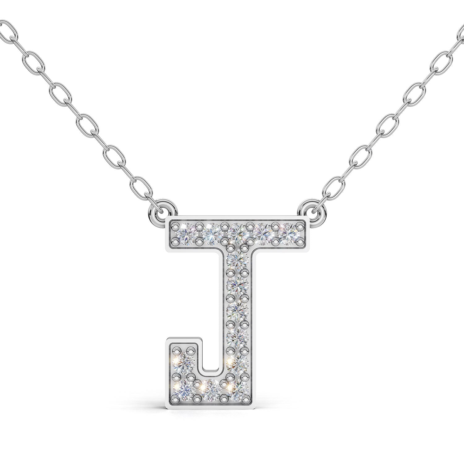 MELEK diamond initial pendant, letter J, in white gold with pavé diamonds