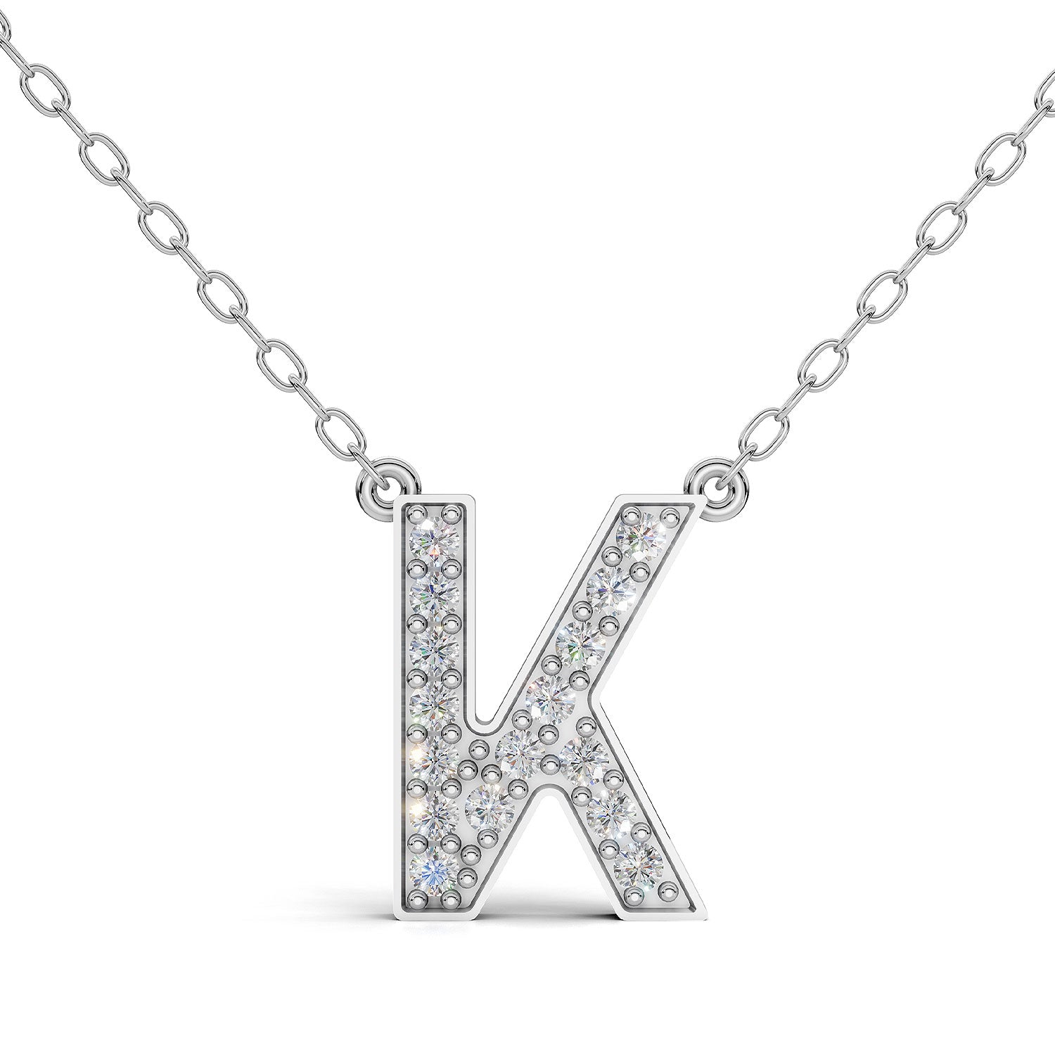 MELEK diamond initial pendant, letter K, in white gold with pavé diamonds