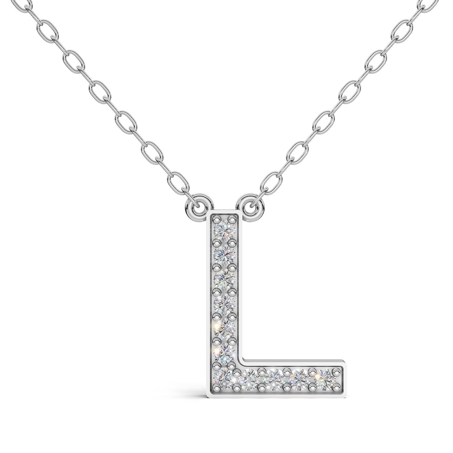 MELEK diamond initial pendant, letter L, in white gold with pavé diamonds