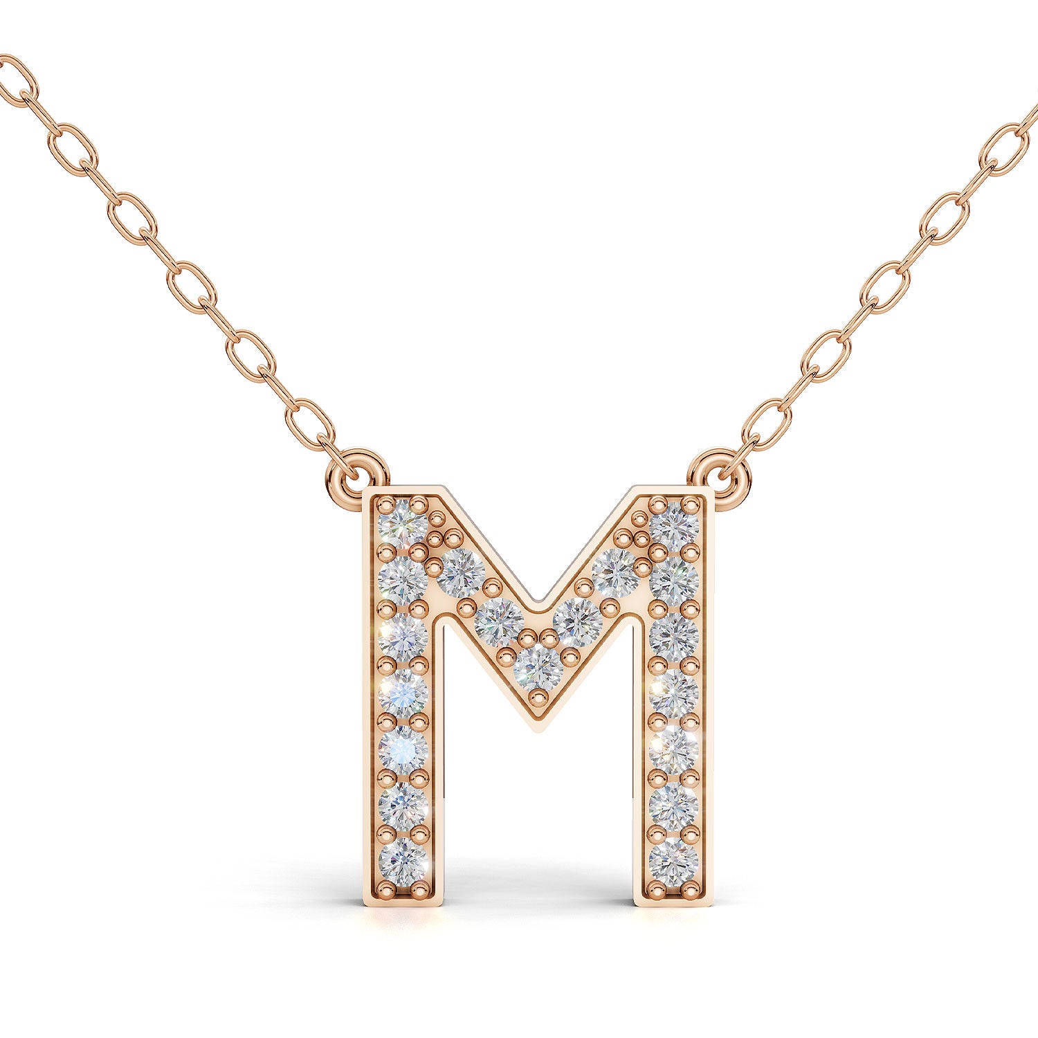 MELEK diamond initial pendant, letter M, in rose gold with pavé diamonds