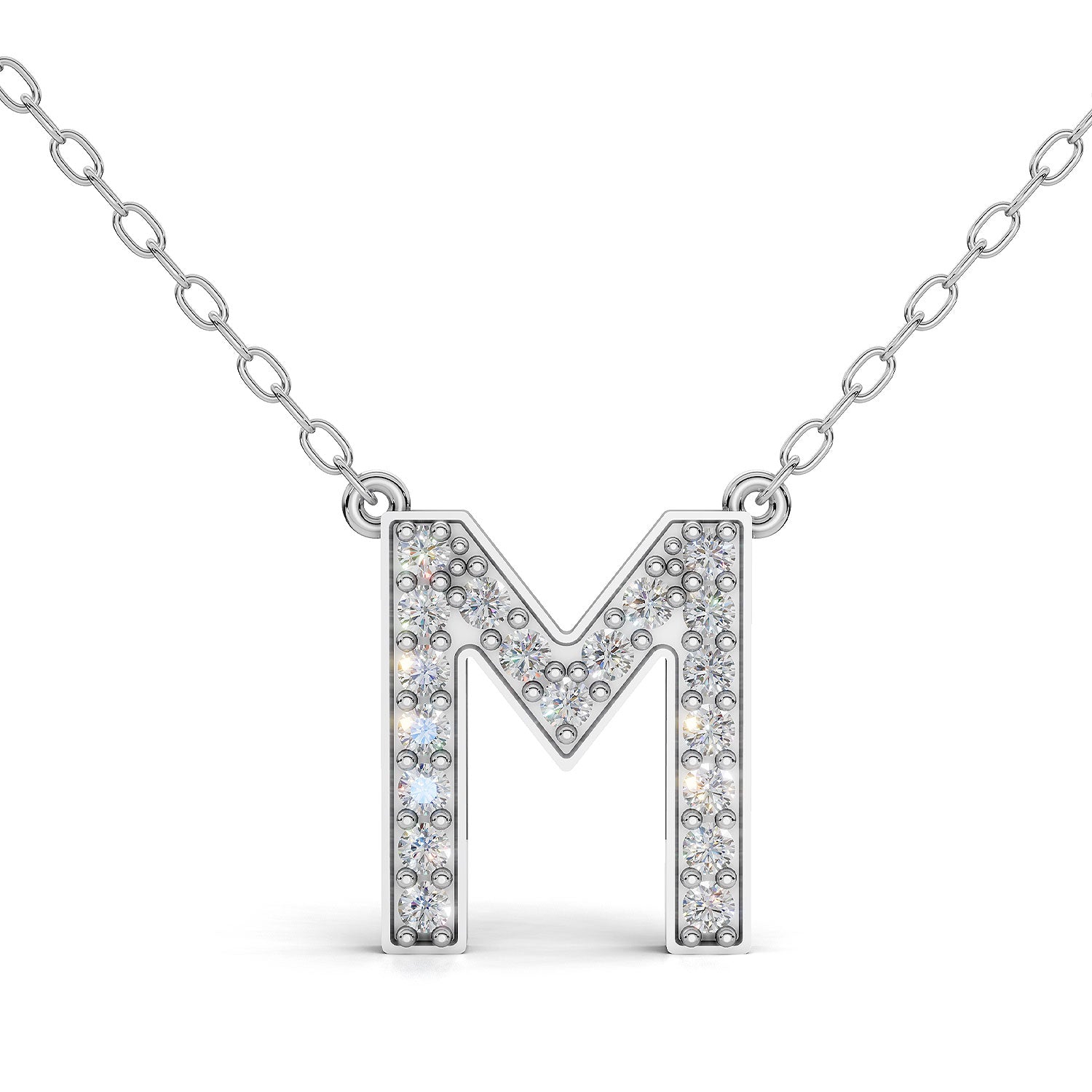 MELEK diamond initial pendant, letter M, in white gold with pavé diamonds