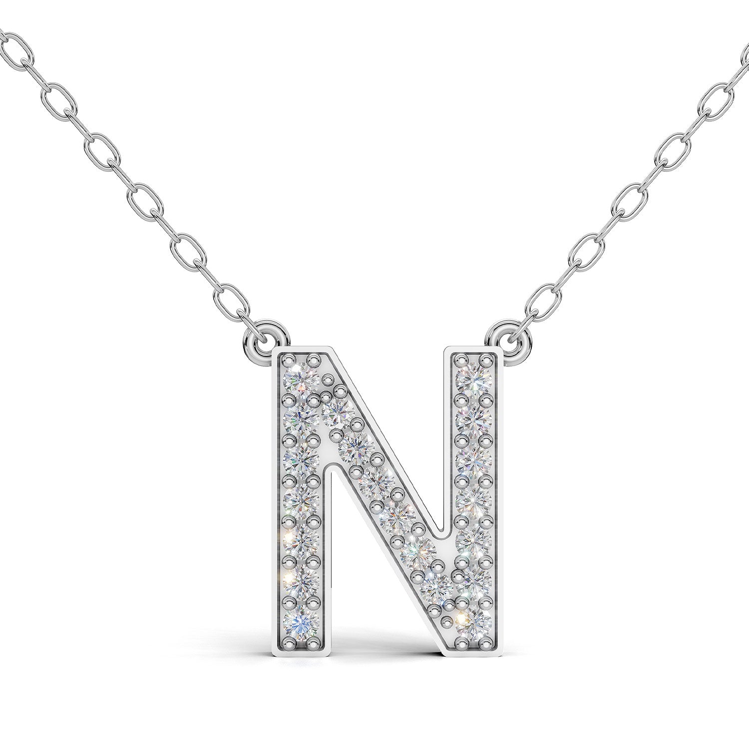 MELEK diamond initial pendant, letter N, in white gold with pavé diamonds