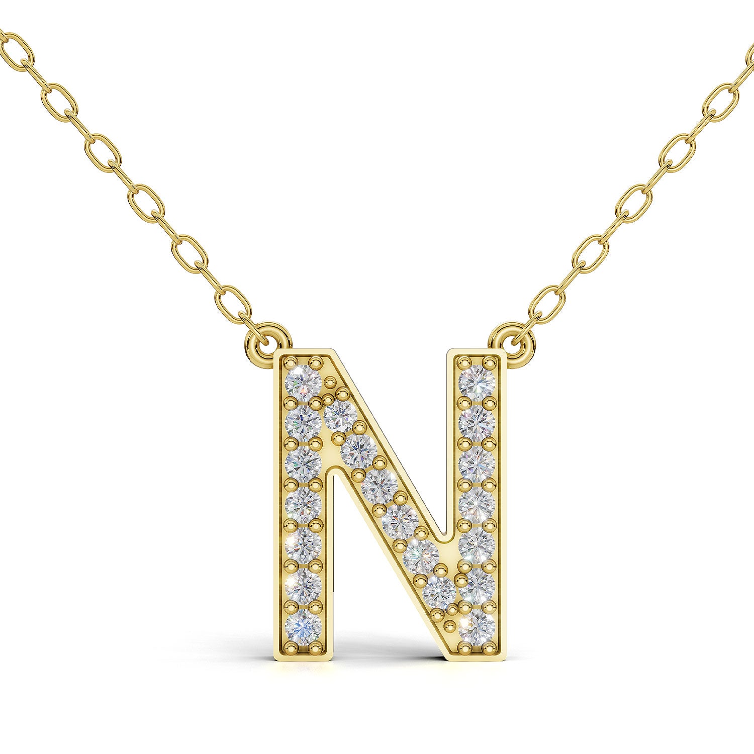 MELEK diamond initial pendant, letter N, in yellow gold with pavé diamonds