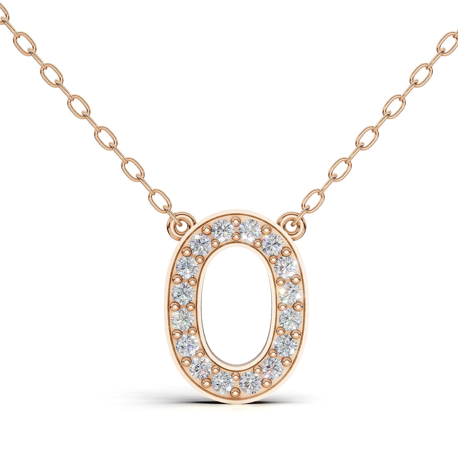 MELEK diamond initial pendant, letter O, in rose gold with pavé diamonds