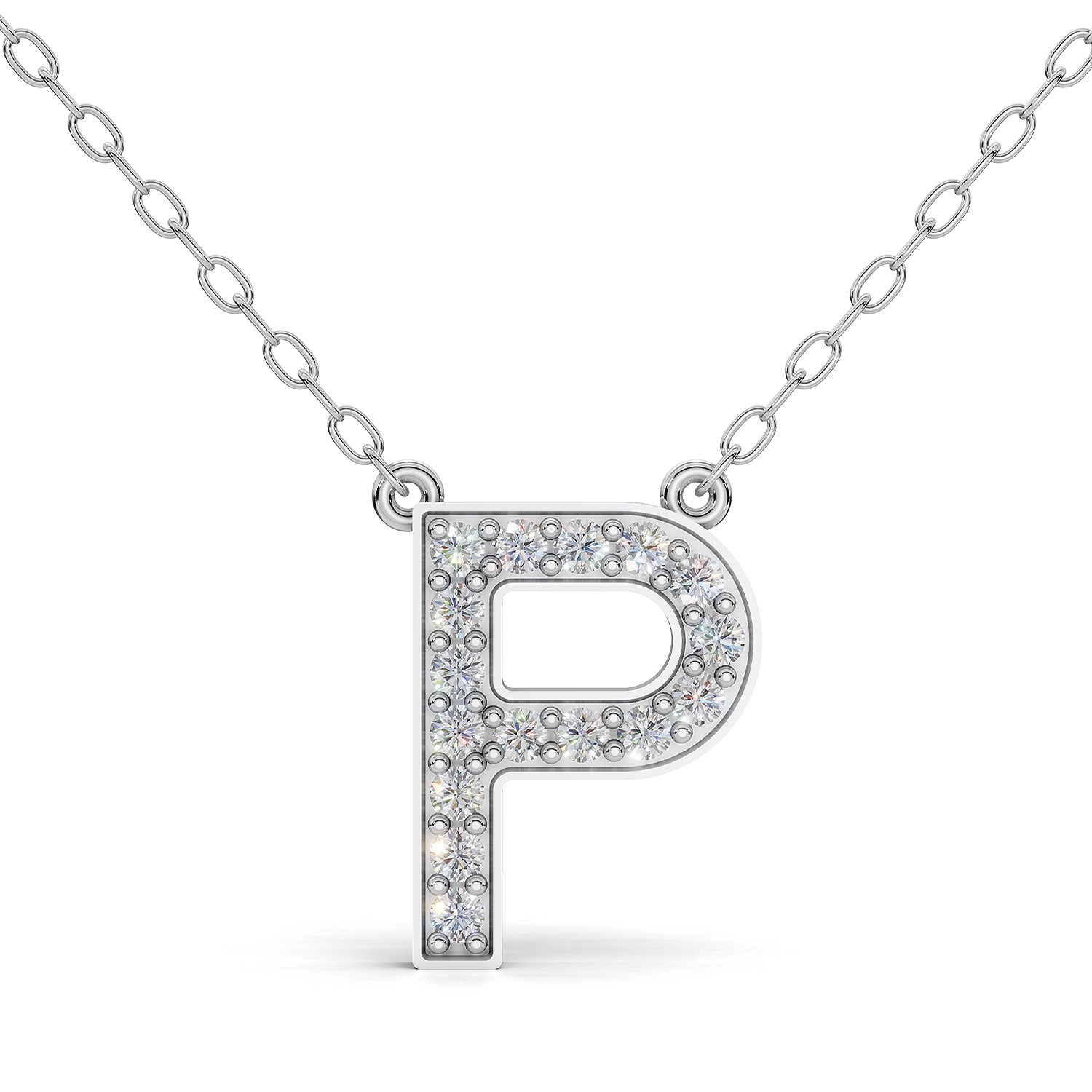 MELEK diamond initial pendant, letter P, in white gold with pavé diamonds