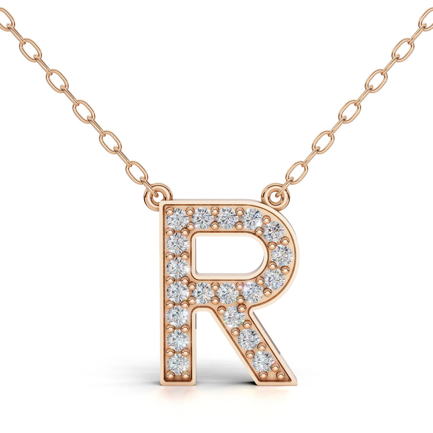 MELEK diamond initial pendant, letter R, in rose gold with pavé diamonds