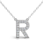 MELEK diamond initial pendant, letter R, in white gold with pavé diamonds
