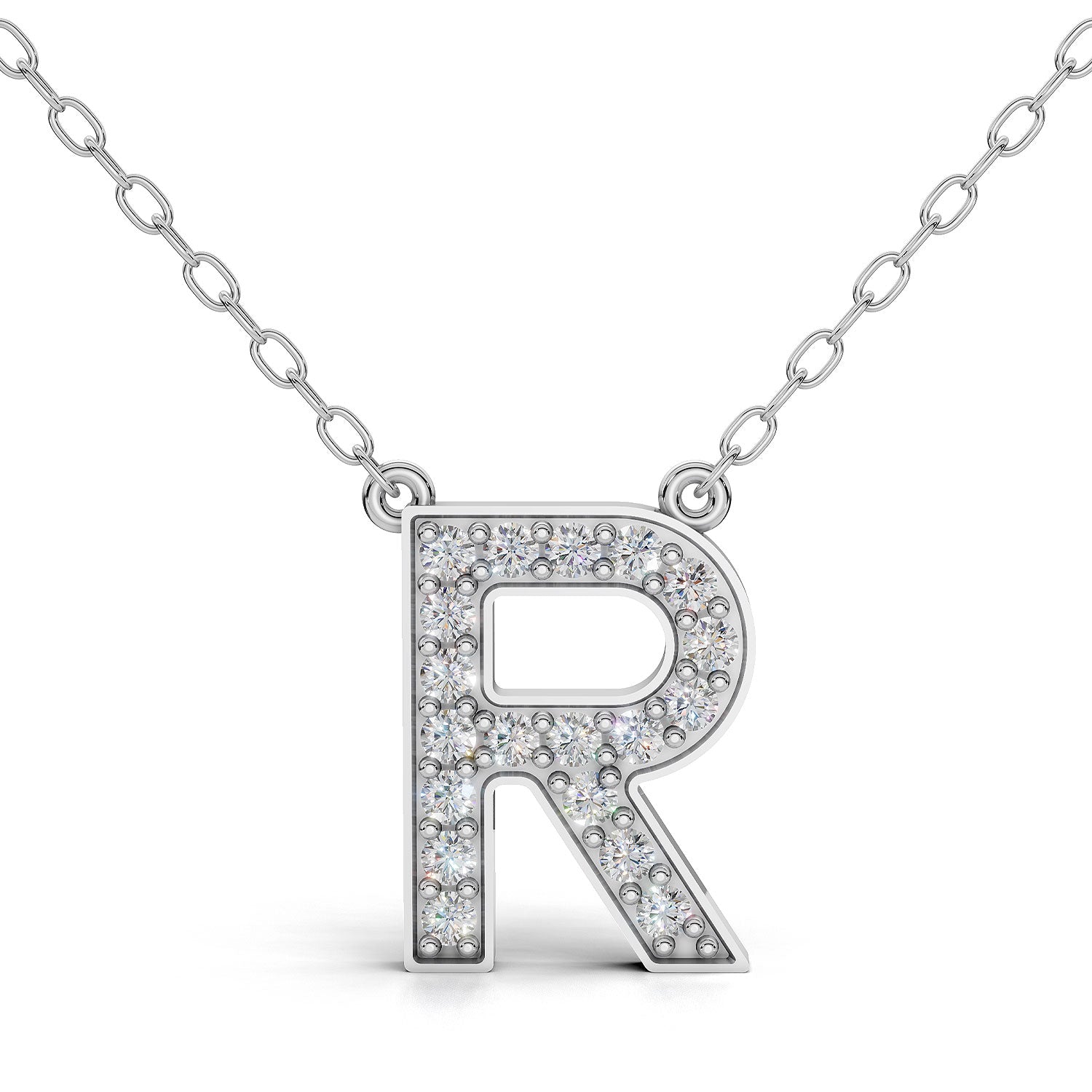 MELEK diamond initial pendant, letter R, in white gold with pavé diamonds