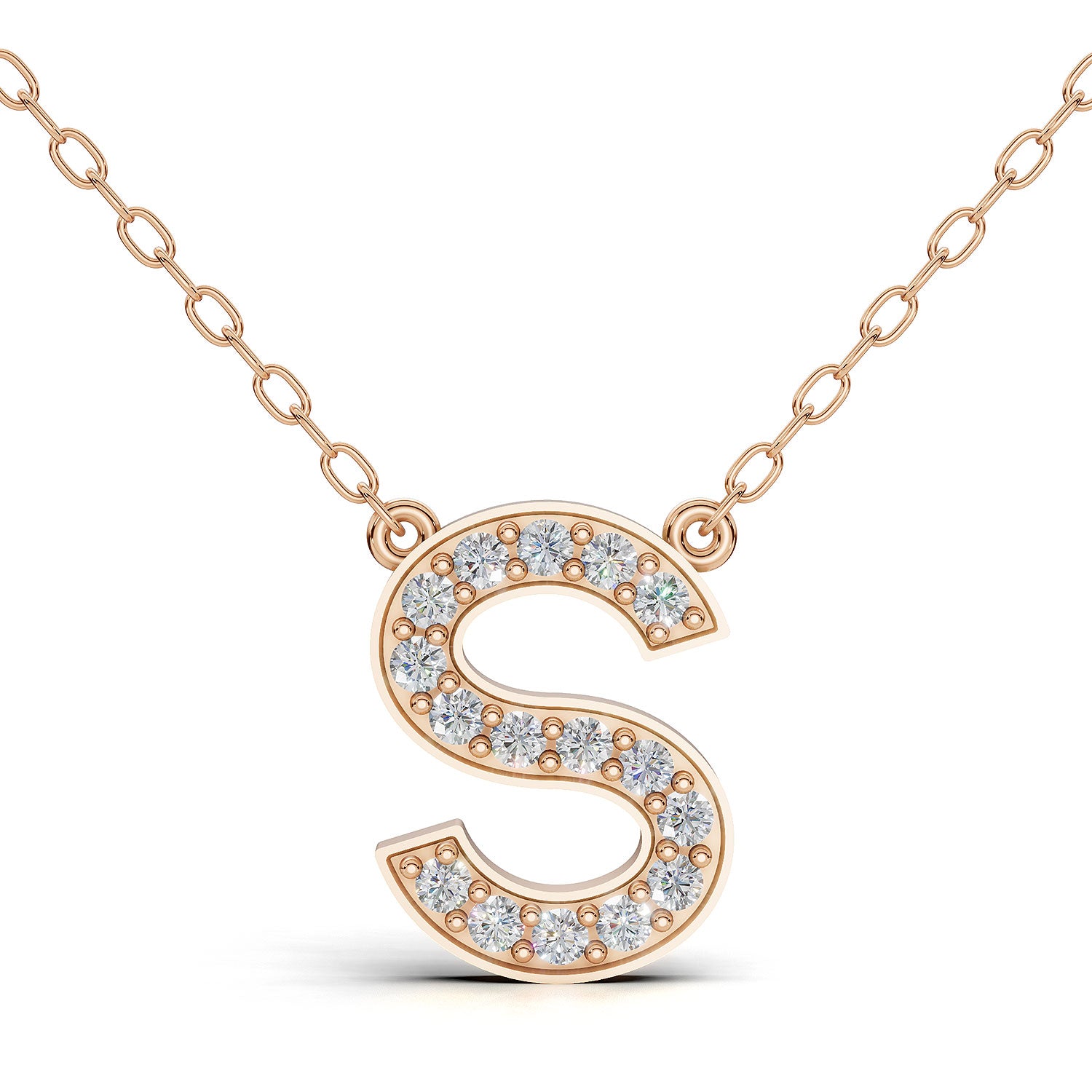 MELEK diamond initial pendant, letter S, in rose gold with pavé diamonds