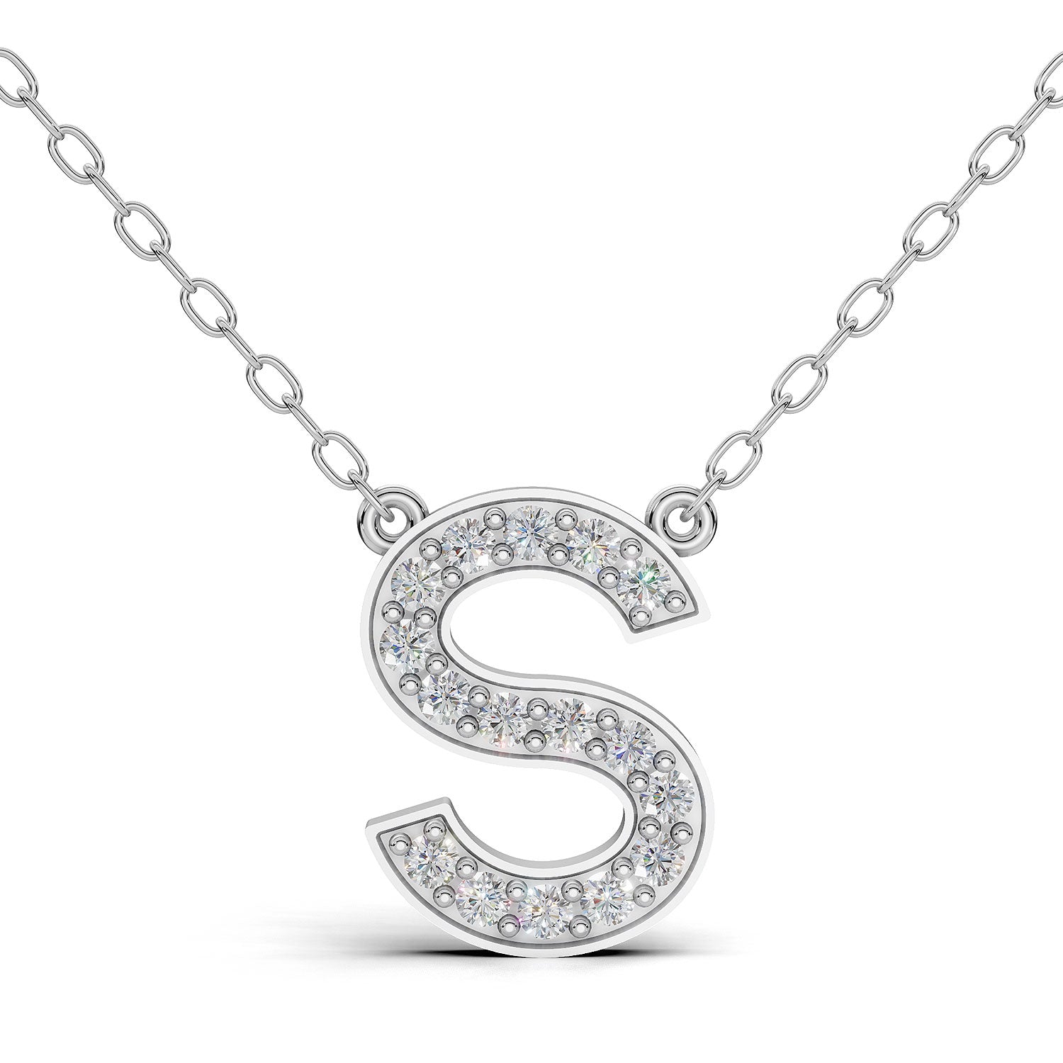 MELEK diamond initial pendant, letter S, in white gold with pavé diamonds
