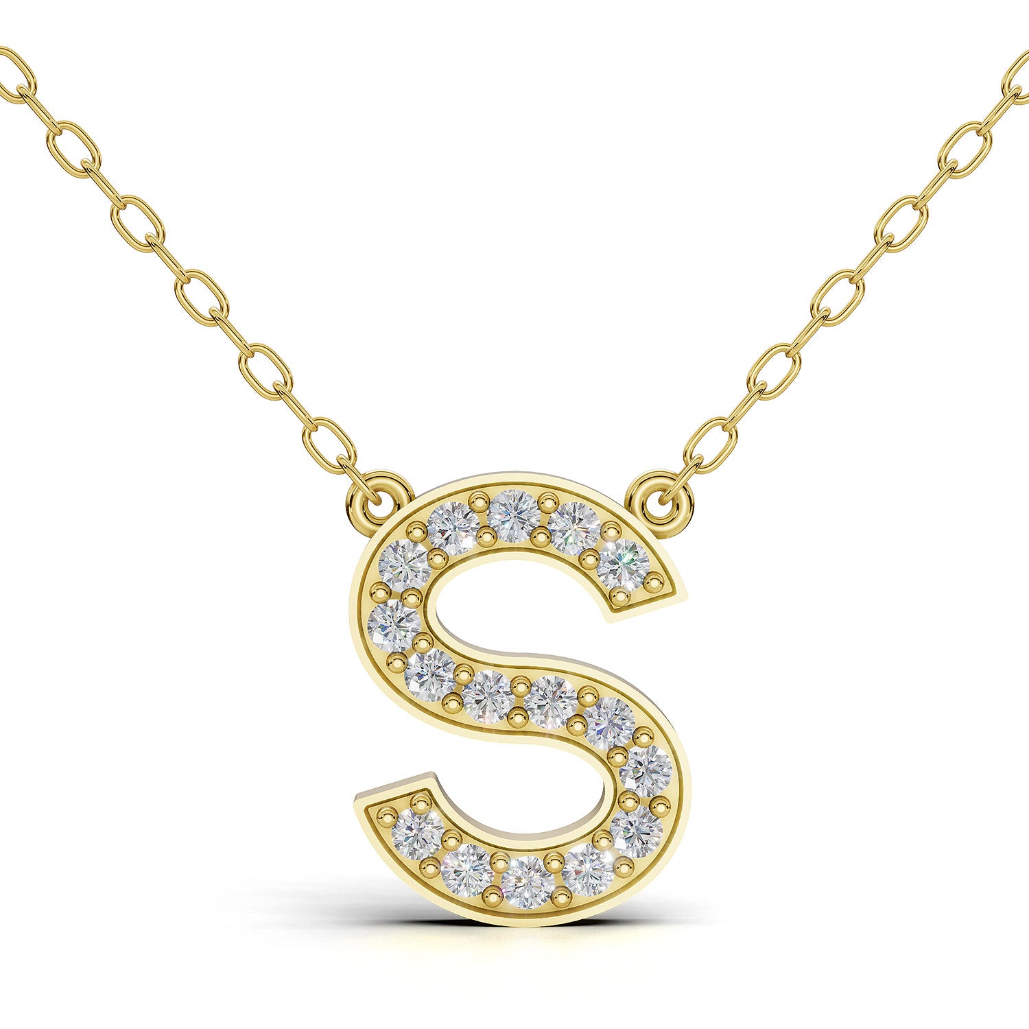MELEK diamond initial pendant, letter S, in yellow gold with pavé diamonds