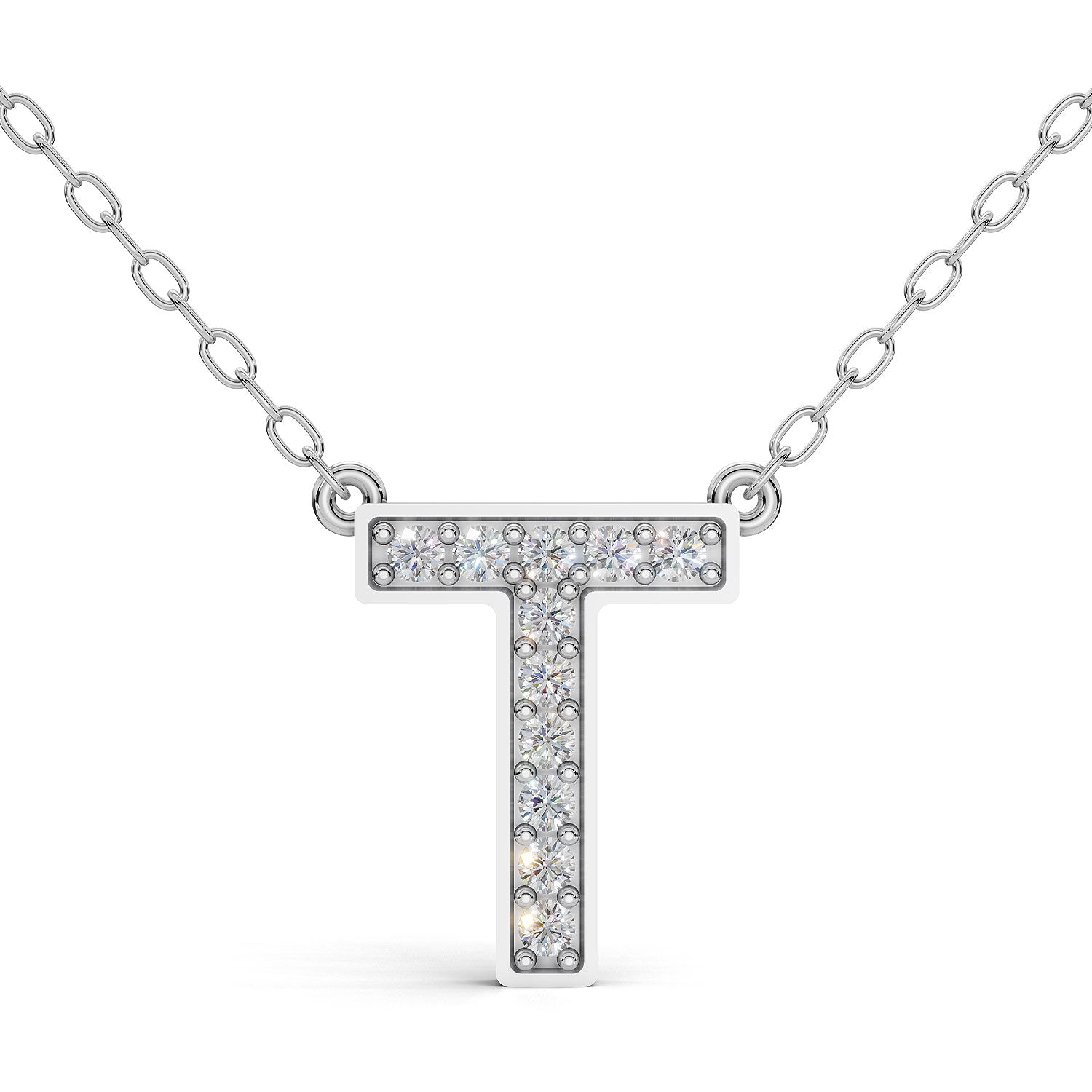 MELEK diamond initial pendant, letter T, in white gold with pavé diamonds