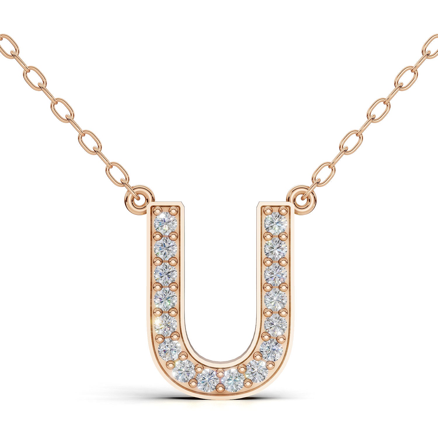 MELEK diamond initial pendant, letter U, in rose gold with pavé diamonds