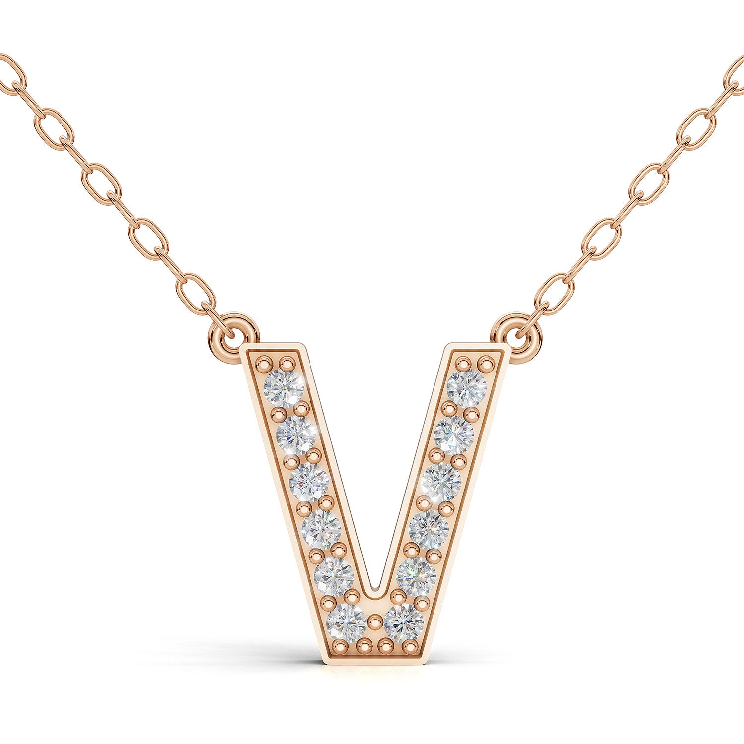 MELEK diamond initial pendant, letter V, in rose gold with pavé diamonds