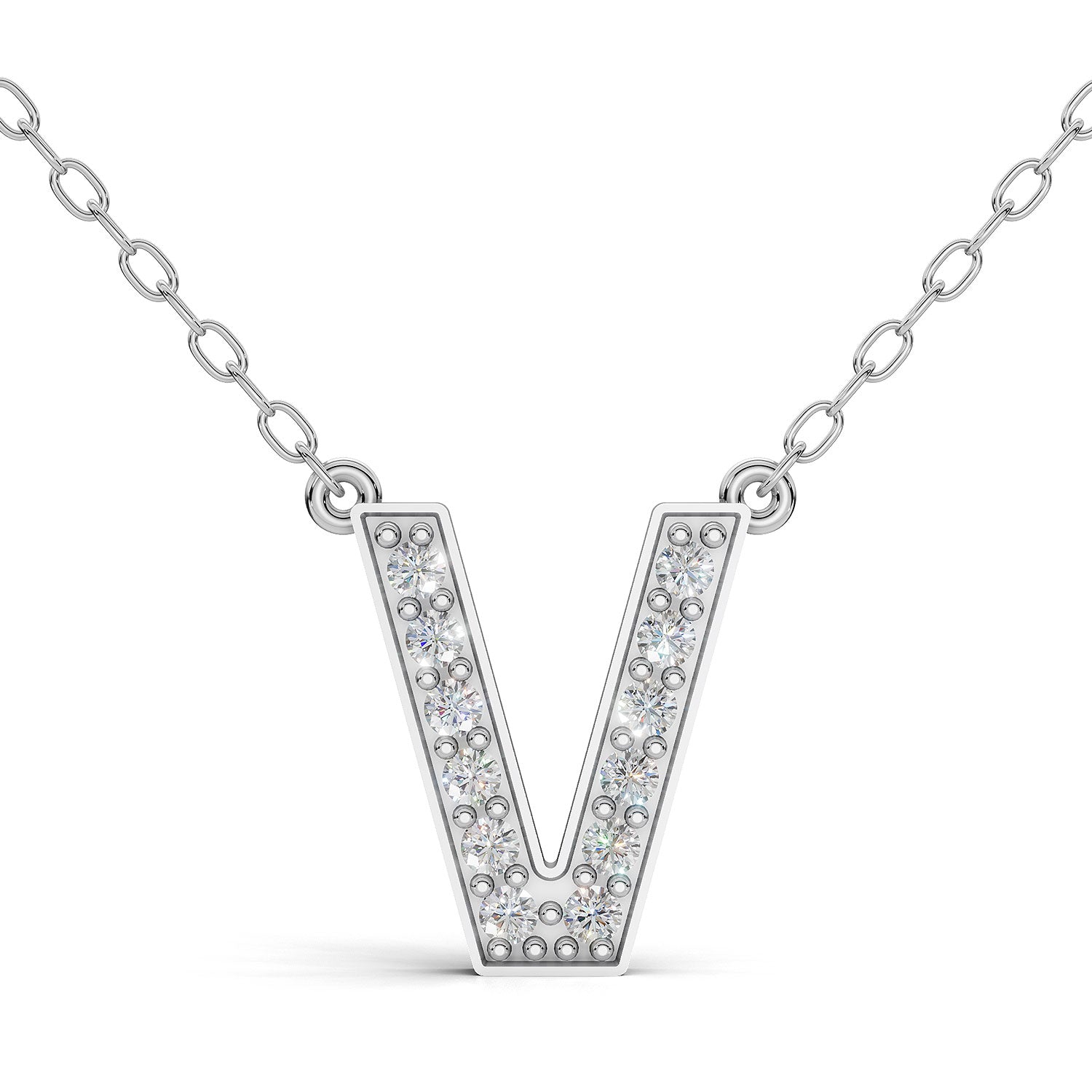 MELEK diamond initial pendant, letter V, in white gold with pavé diamonds