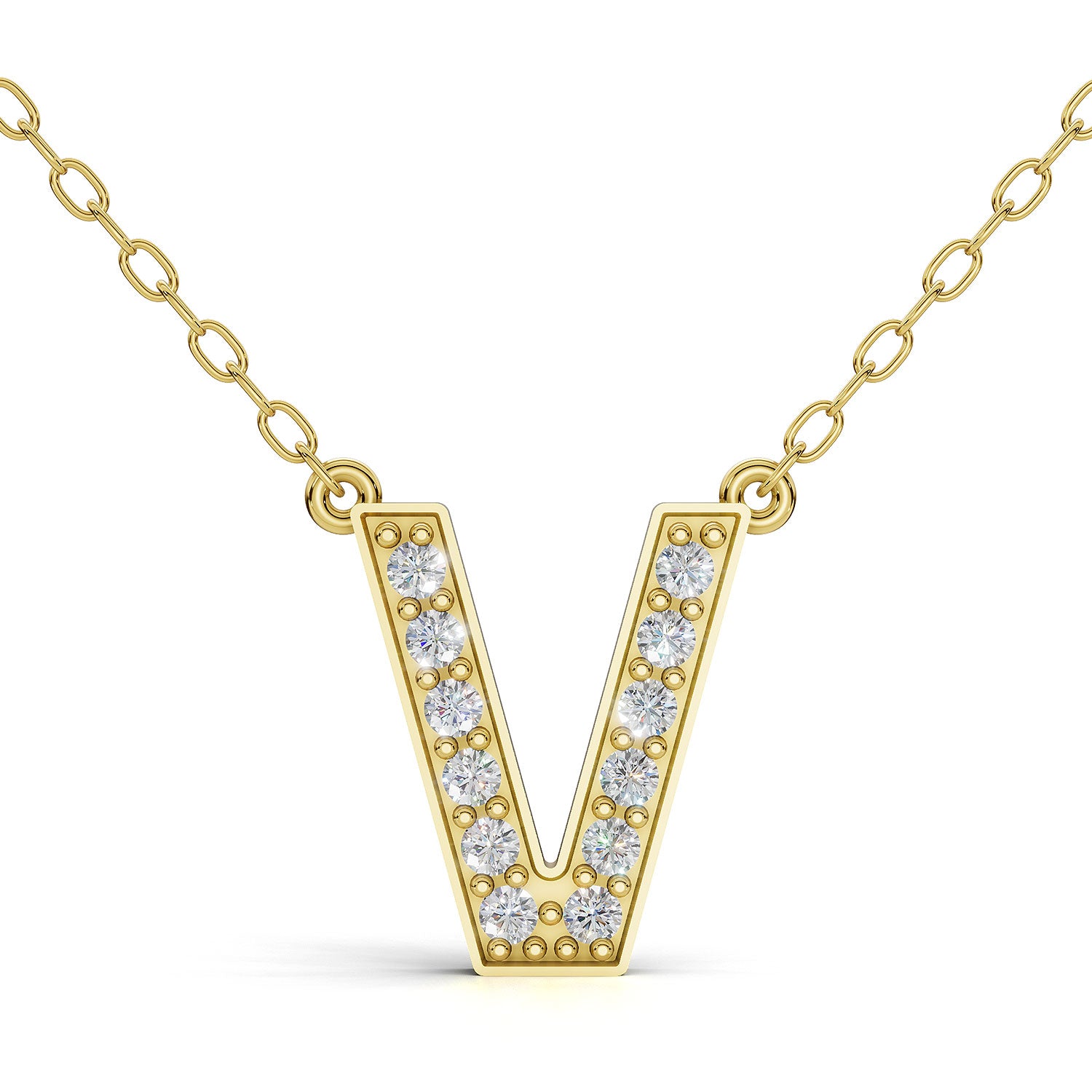 MELEK diamond initial pendant, letter V, in yellow gold with pavé diamonds