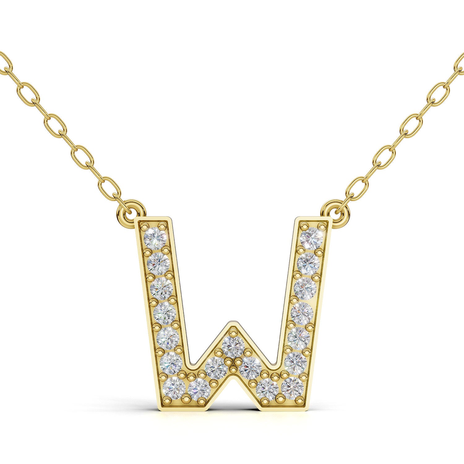 MELEK diamond initial pendant, letter W, in yellow gold with pavé diamonds