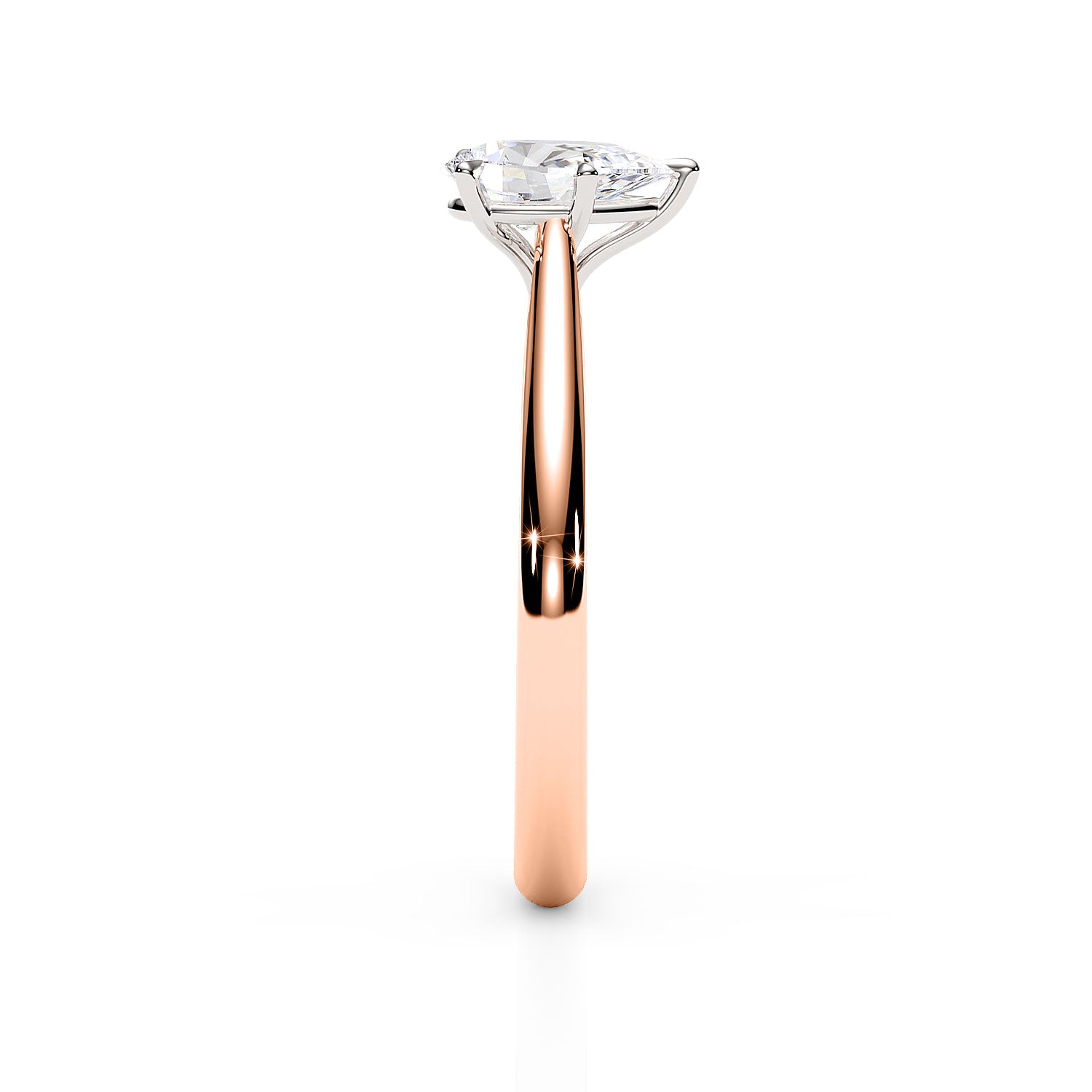Rose gold ring with a diamond on a white background
