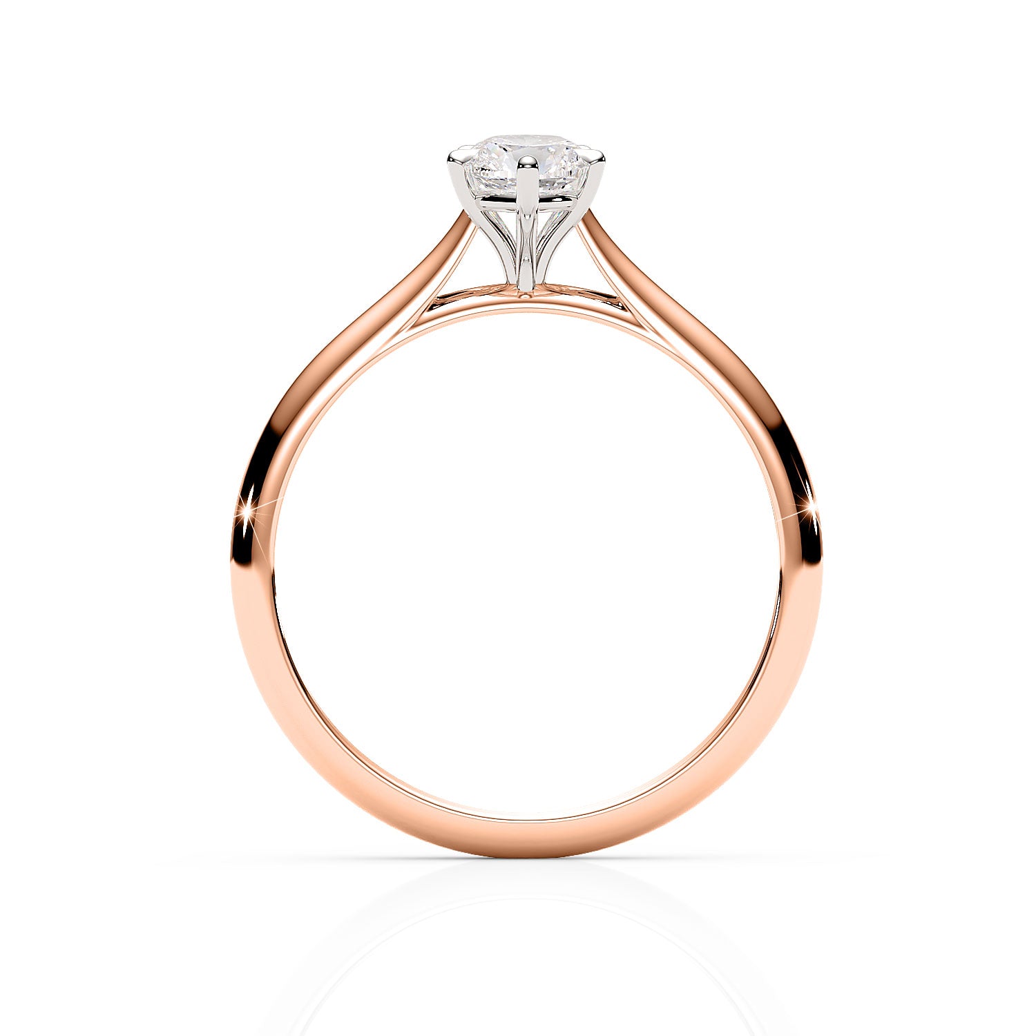 Rose gold ring with a diamond on a white background