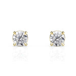 Pair of gold stud earrings with clear gemstones on a white background