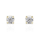 Pair of gold stud earrings with clear gemstones on a white background