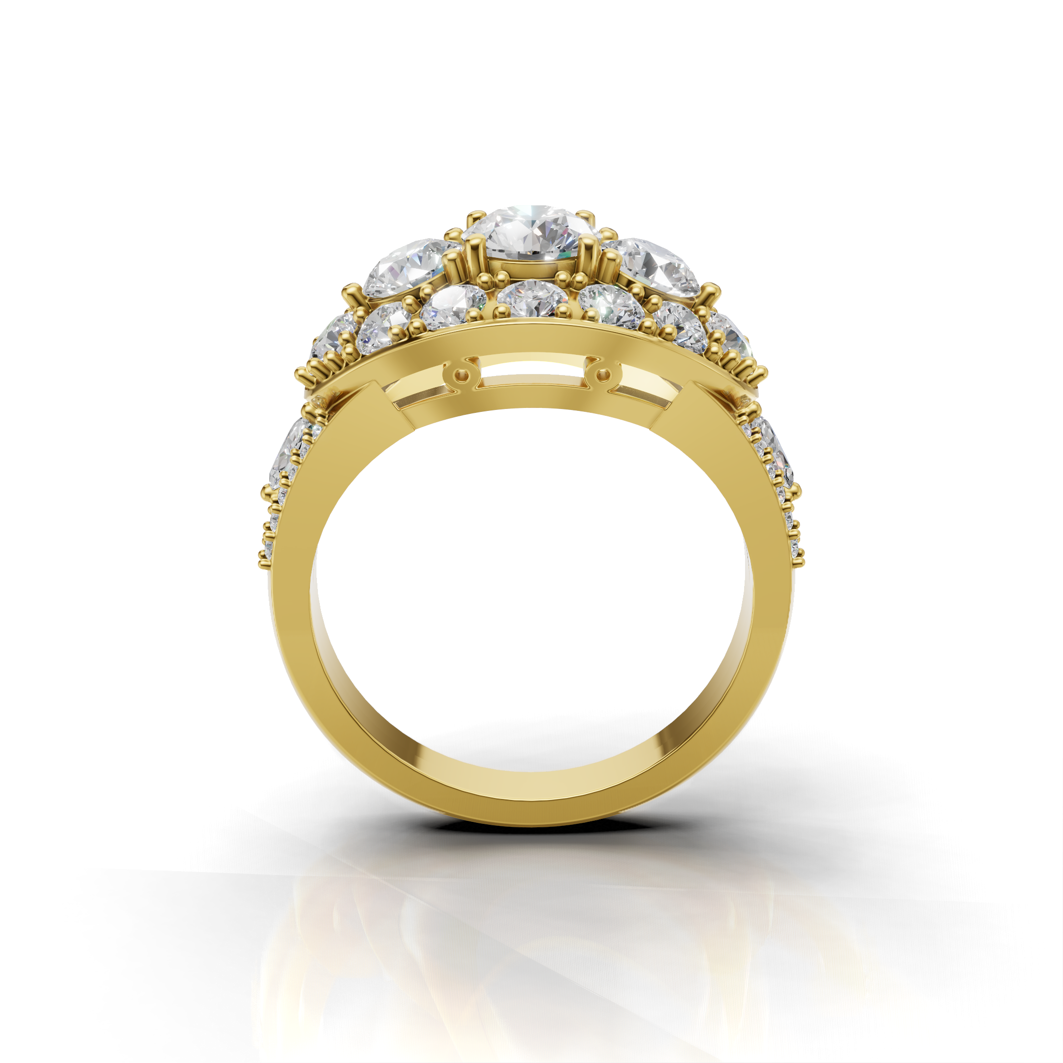 A yellow gold ring with a cluster of clear gemstones on the top, shown from a front-facing angle against a white background with a soft reflection below.