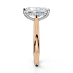 An engagement ring featuring a large rectangular emerald-cut diamond on a polished rose gold band with a halo of small round diamonds, shown against a solid white background.