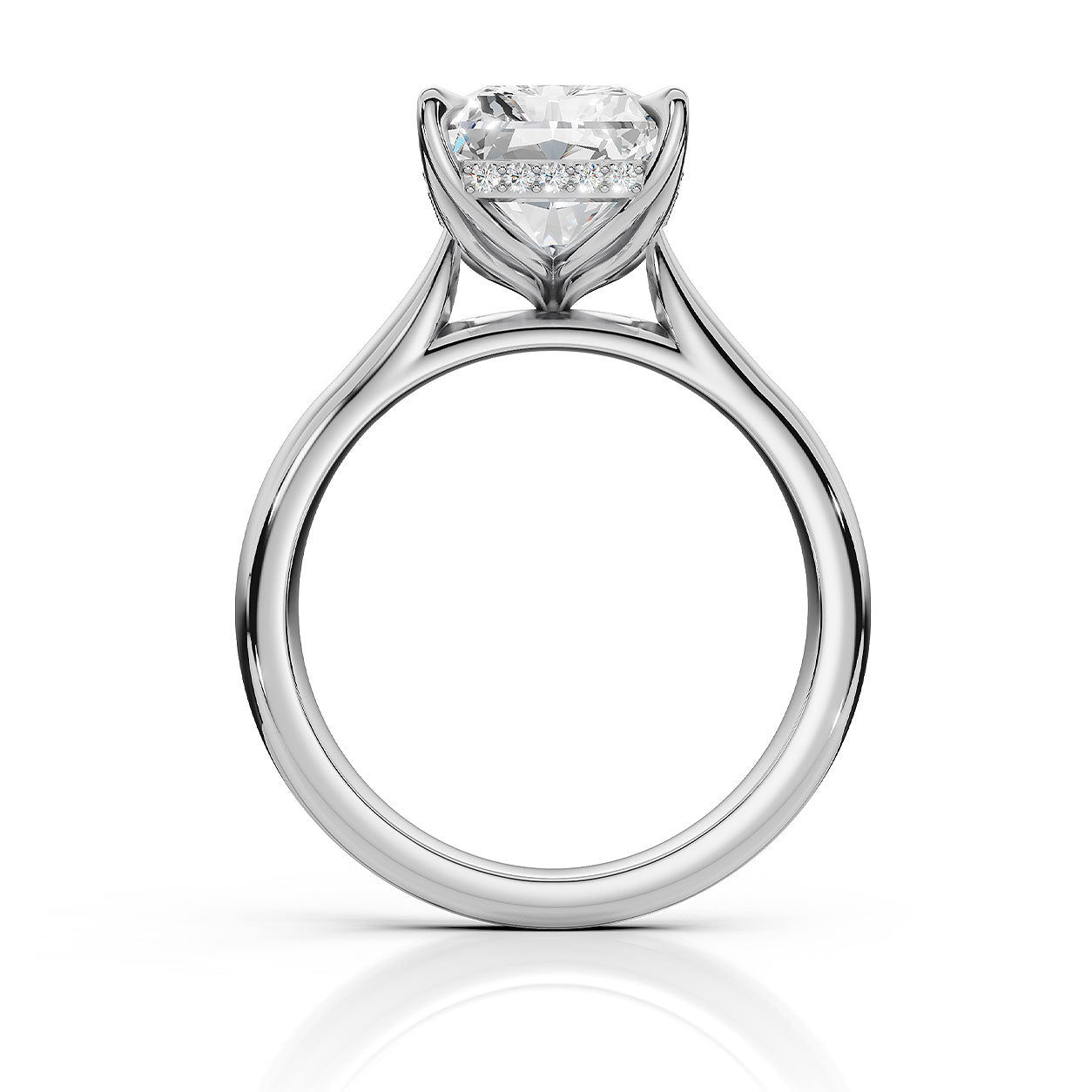 A silver-tone solitaire engagement ring with a round brilliant-cut diamond center stone and a row of small accent diamonds, shown on a clean white background with a soft reflection below.