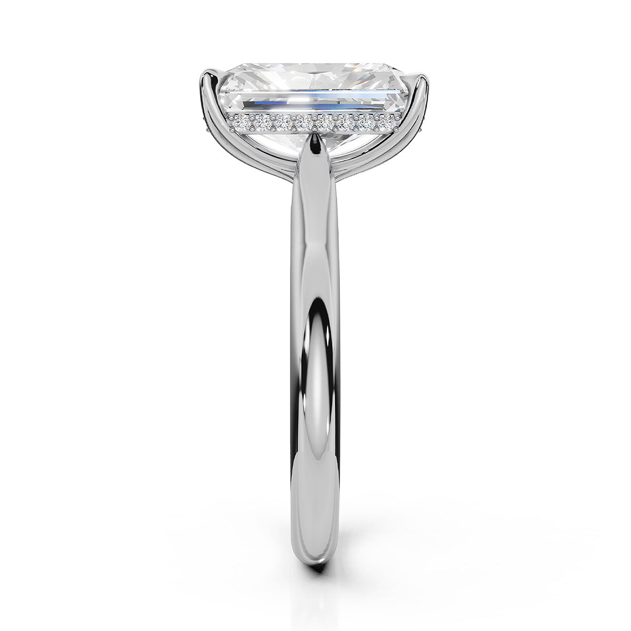 An emerald-cut diamond engagement ring in a polished white gold or platinum setting, shown from a front-facing perspective on a clean white background.