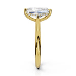 A yellow gold engagement ring featuring a large rectangular emerald-cut center stone and a halo of small round stones along the band, shown against a solid white background.