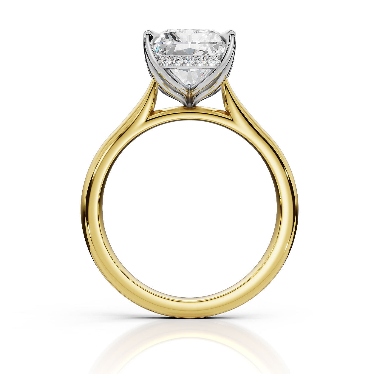 A yellow gold diamond ring with a brilliant round-cut center stone and small accent diamonds in a silver-colored setting, shown on a clean white background with a soft reflection below.
