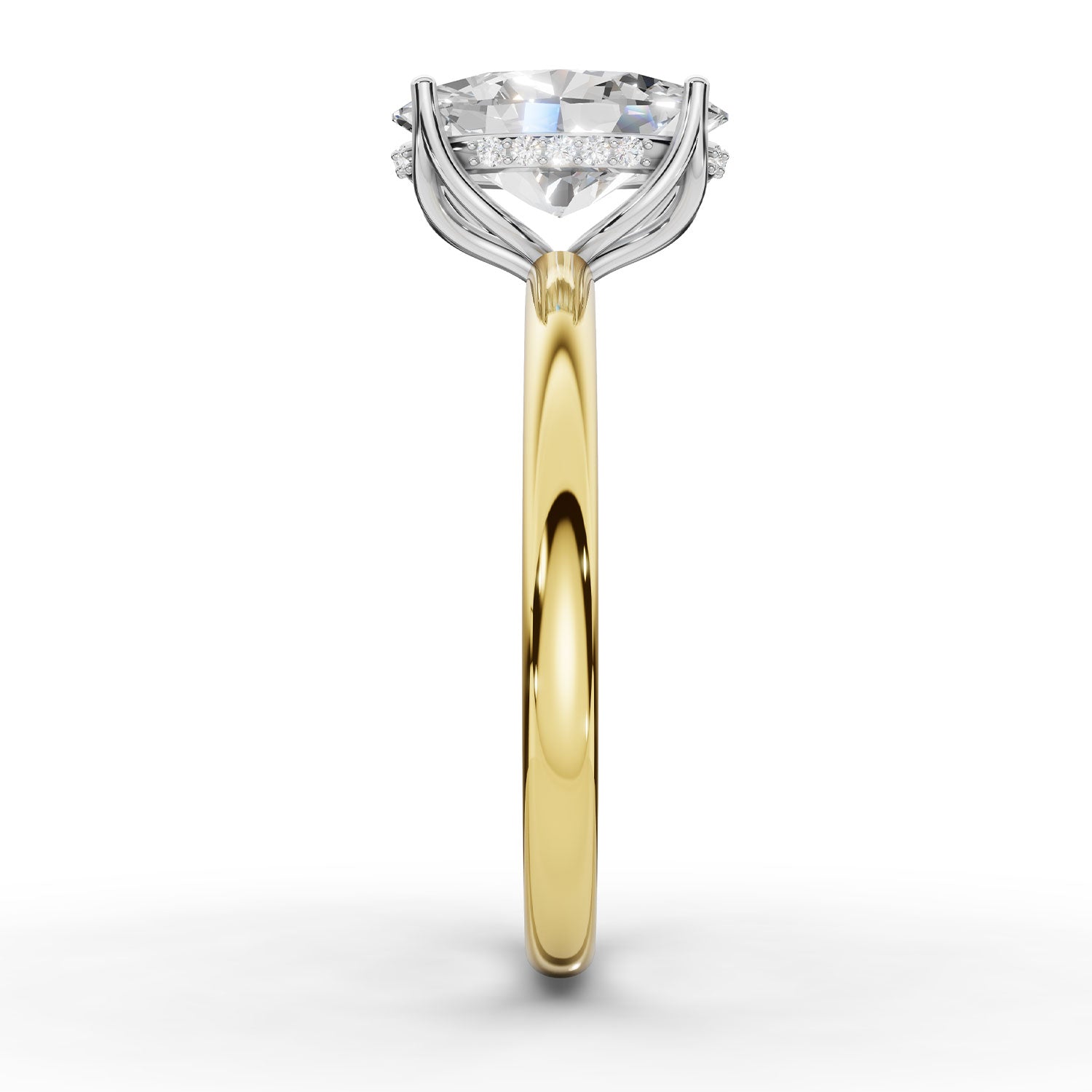 A yellow gold and white gold diamond engagement ring with a round brilliant-cut center stone and a halo of small diamonds, shown on a clean white background.