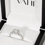 STEPHANIE | Swept Up Shoulder Halo Cushion Cut Diamond Ring in 18ct White Gold