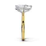 A diamond engagement ring with a marquise-cut center stone and a halo of small diamonds, set in a silver-colored metal with a yellow gold band, shown on a white background.