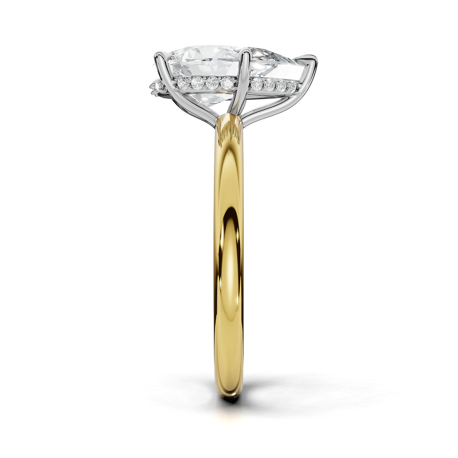 A diamond engagement ring with a marquise-cut center stone and a halo of small diamonds, set in a silver-colored metal with a yellow gold band, shown on a white background.